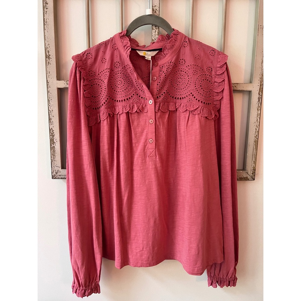 Boden Pink Eyelet Embroidered Ruffle Yoke Cotton Boho Peasant Top Size US 12 NWT